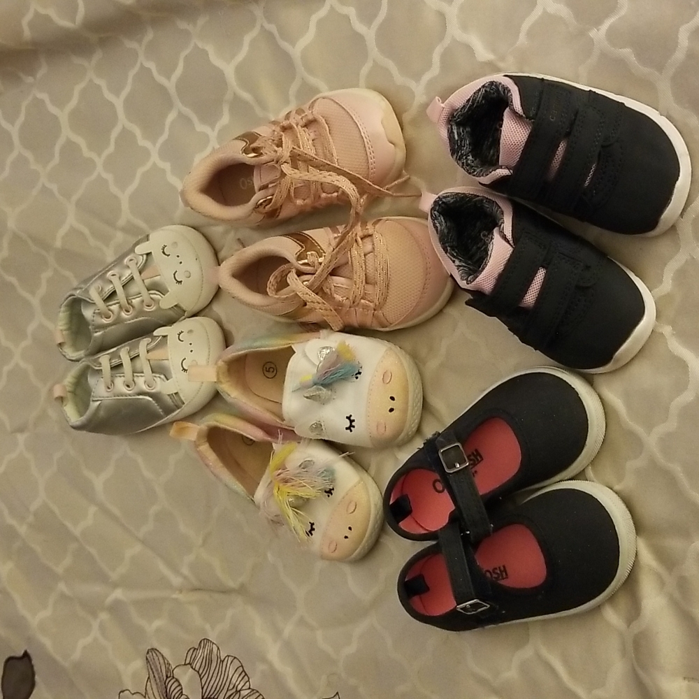 Girls shoes sizes: 4, 5, and 1 size 9-12 month (various colors)